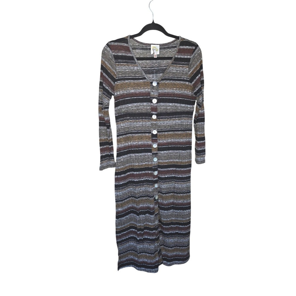 Anthropologie Fig & Flower Striped Knit Midi‎ Dress Button Front Long Sleeve M